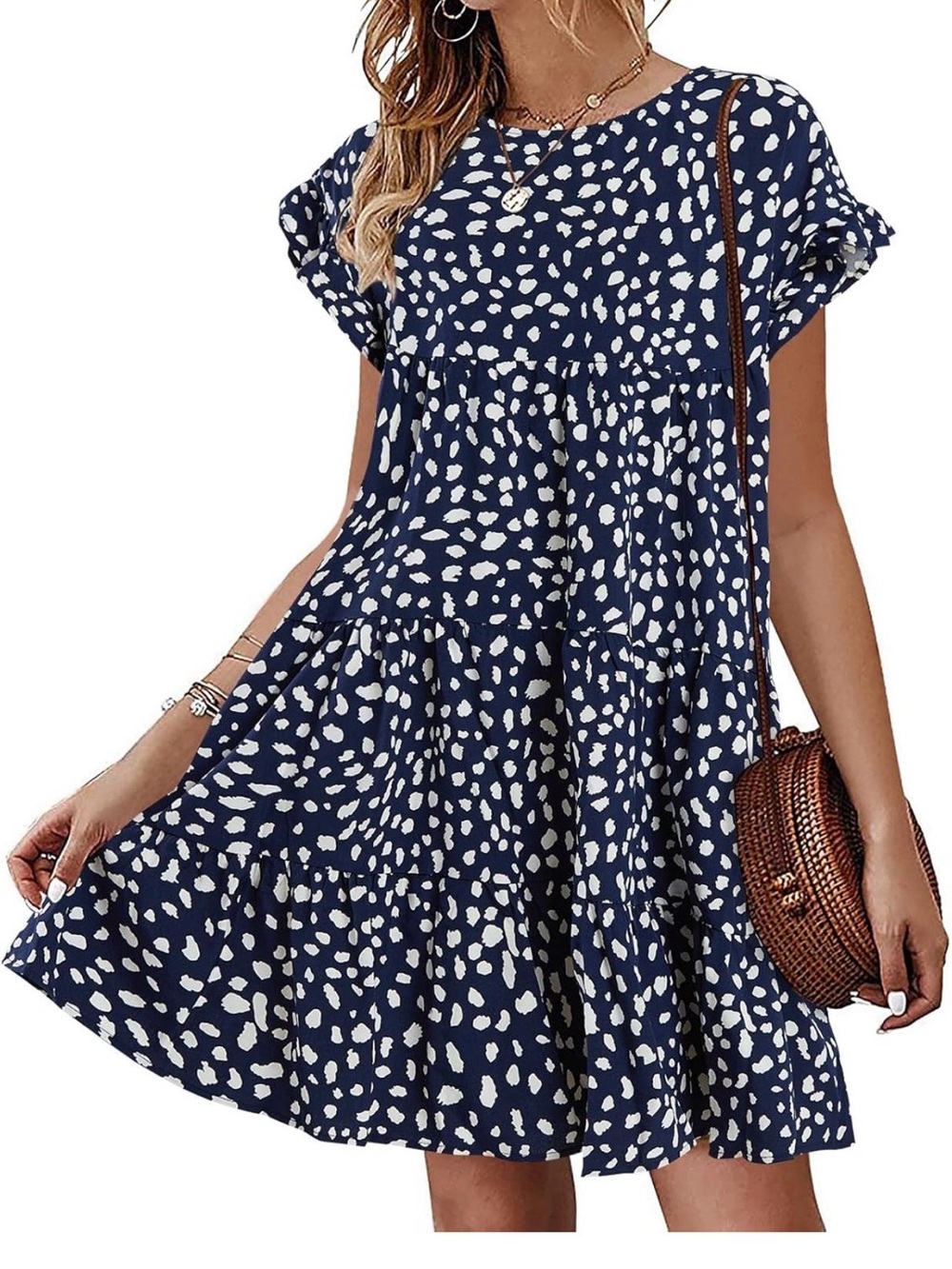 Navy Blue & White Printed Short Sleeve Tiered Dress